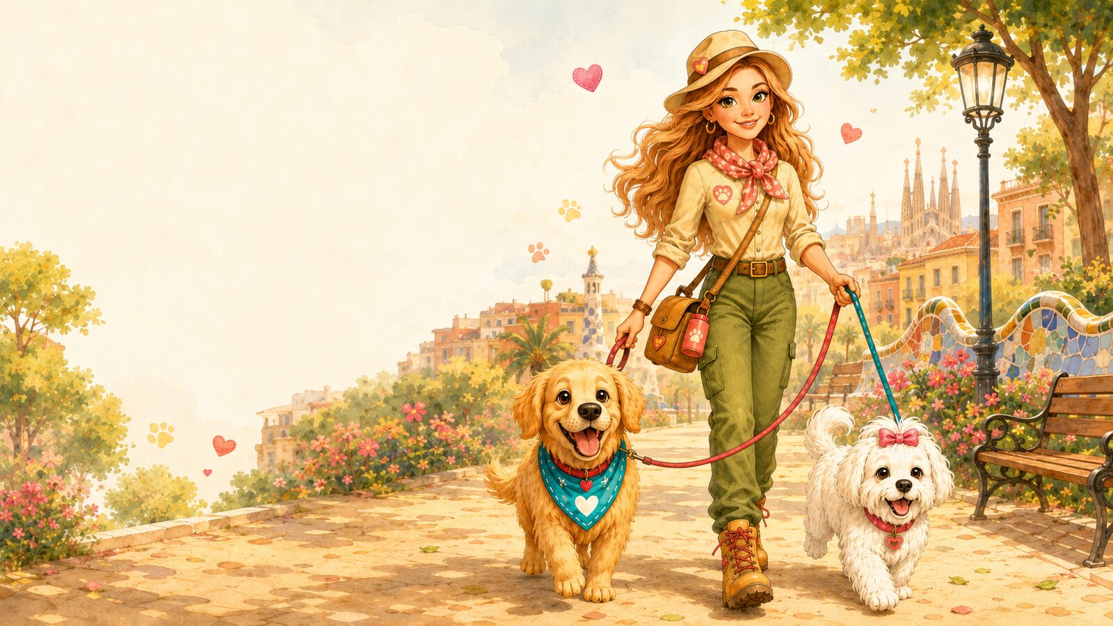 Yulia paseando a un golden retriever y un perrito blanco por Sant Andreu de Palomar, Barcelona