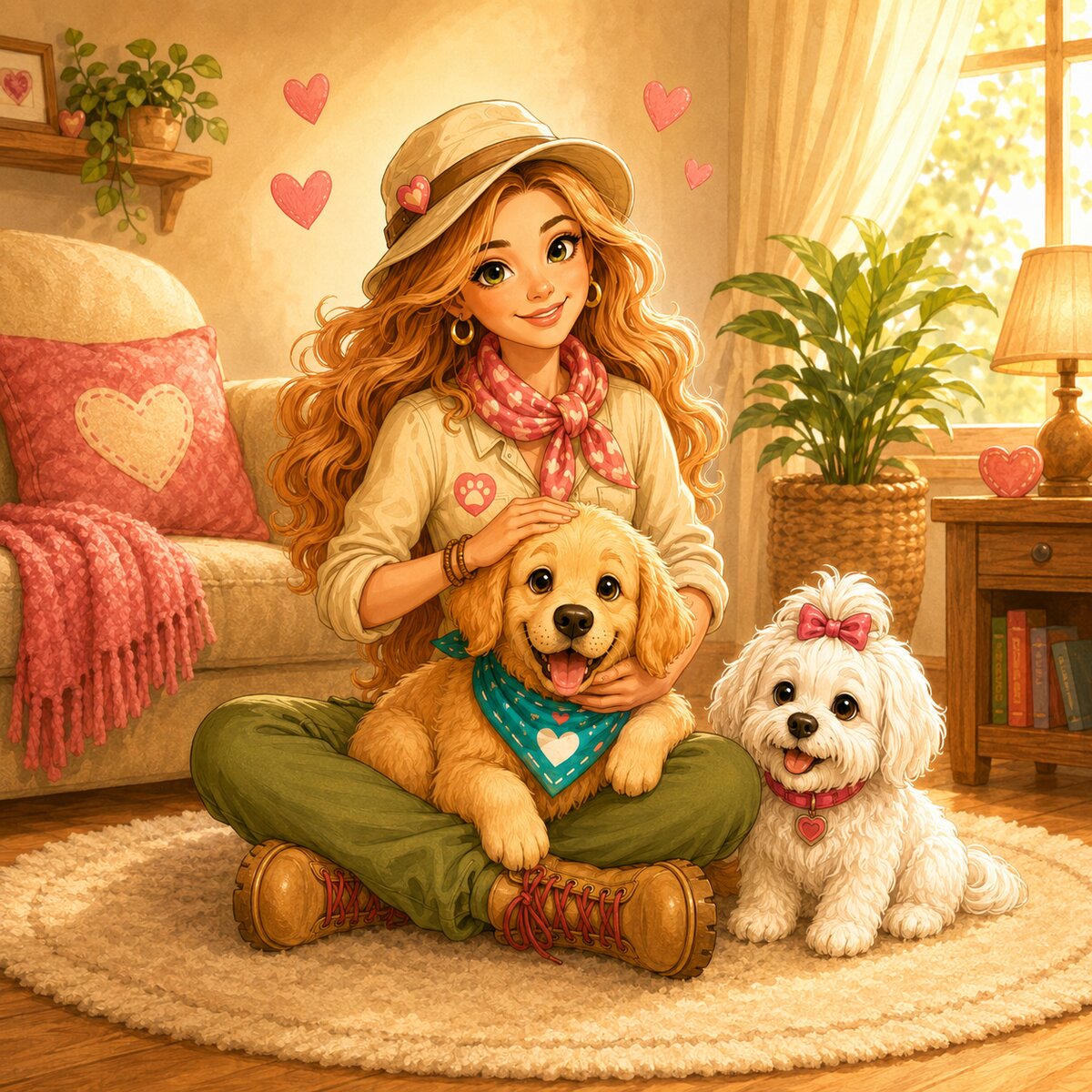 Yulia sentada en el salón de casa con un golden retriever y un perrito blanco
