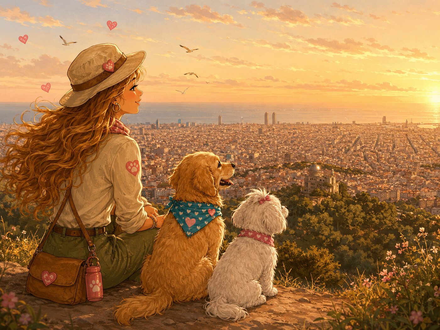 Yulia y dos perros mirando el atardecer sobre Barcelona