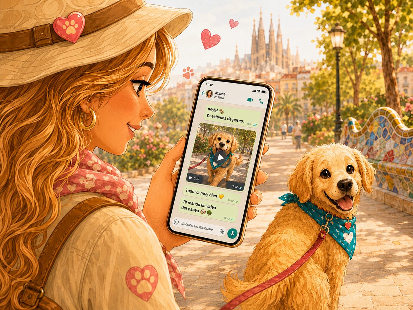 Yulia enviando por WhatsApp un vídeo del paseo a la familia